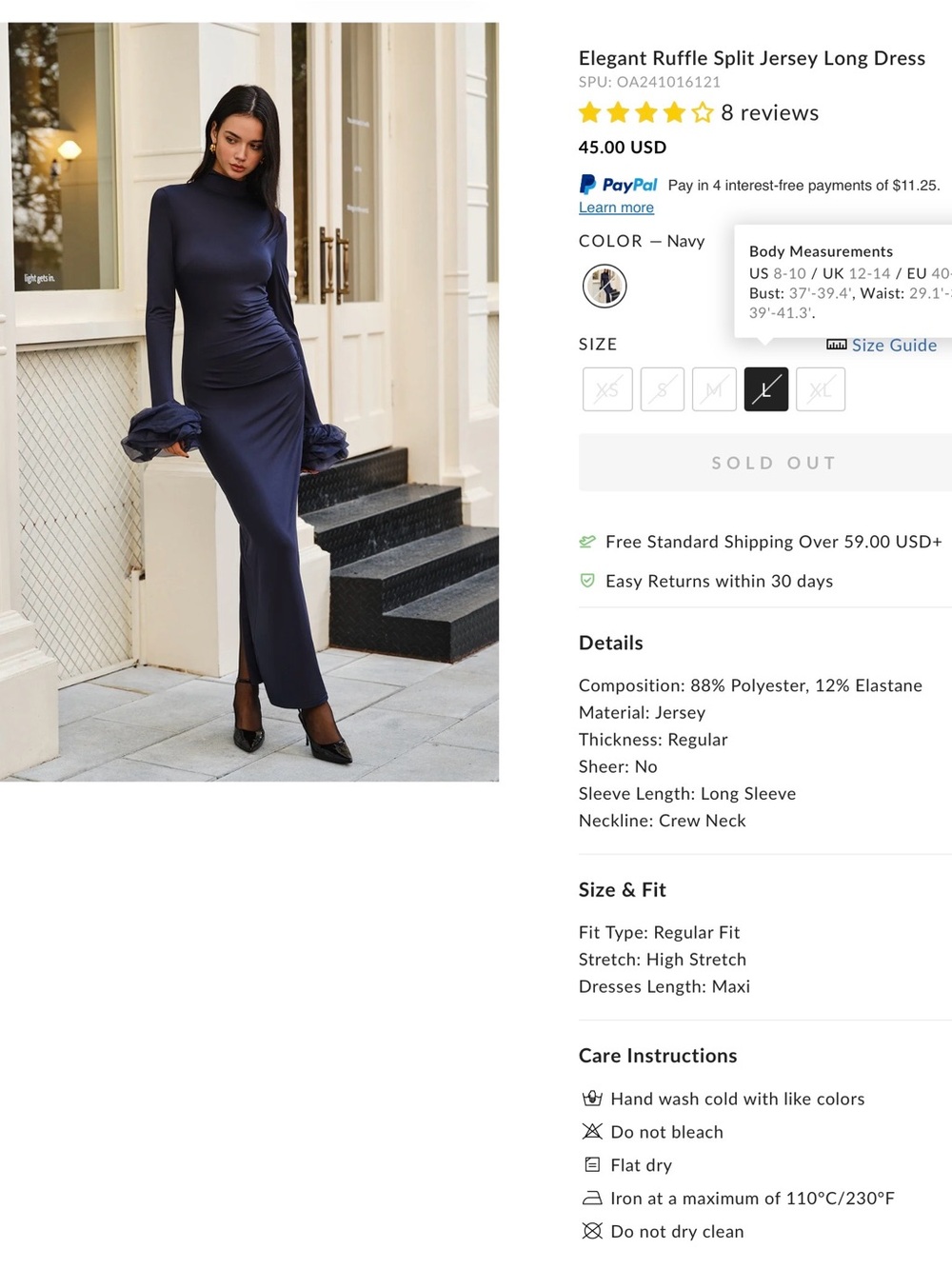 Commense Elegant Ruffle Split Jersey Long Dress - Large - Navy - Picture 4 of 6